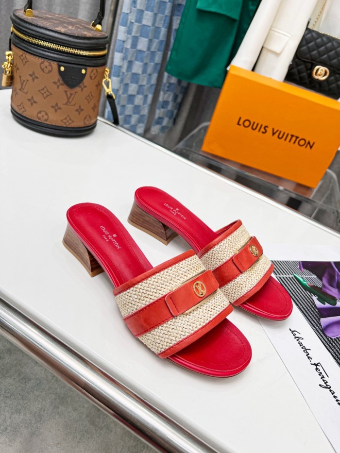 Louis Vuitton Womens Shoes Slide Slippers Luxury Brand Designer LOCK IT MULE 1AA17M Raffia and calf leather with Original Box 3.5cm Heel