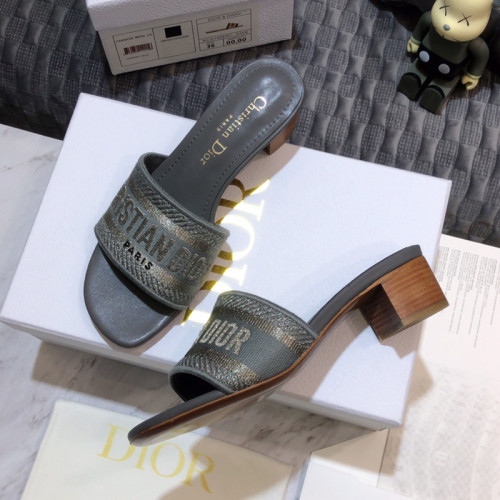 Dior Women Shoes DWAY HEELED SLIDE Embroidered Cotton Luxury Brand Womens Sandals Slippers with Original Box KCQ244ERC_S56B