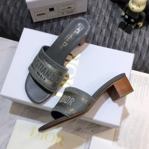 Dior Women Shoes DWAY HEELED SLIDE Embroidered Cotton Luxury Brand Womens Sandals Slippers with Original Box KCQ244ERC_S56B