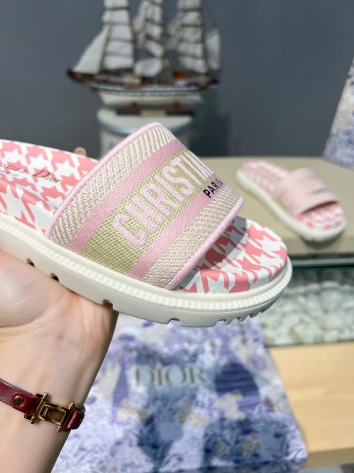 Dior Women Shoes Slippers DWAY SLIDE Luxury Brand DWAY SLIDE Peony Pink Embroidered Cotton with Micro Houndstooth Motif with Original Box KCQ550PPE_S55P