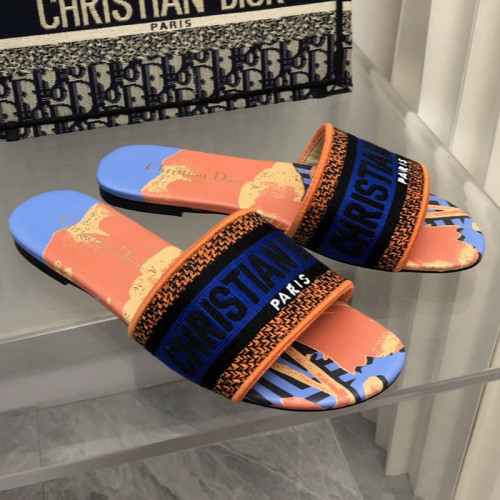 Dior Women Shoes DWAY HEELED SLIDE Embroidered Cotton Luxury Brand Womens Sandals Slippers with Original Box KCQ244ERC_S56B