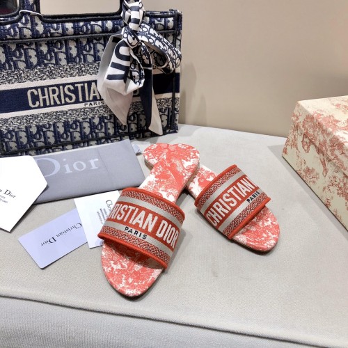 Dior Women Shoes DWAY HEELED SLIDE Embroidered Cotton Luxury Brand Womens Sandals Slippers with Original Box KCQ244ERC_S56B