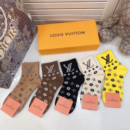 Louis Vuitton Socks 5 Pairs with Original Box Luxury Brand Breathable LV Sock