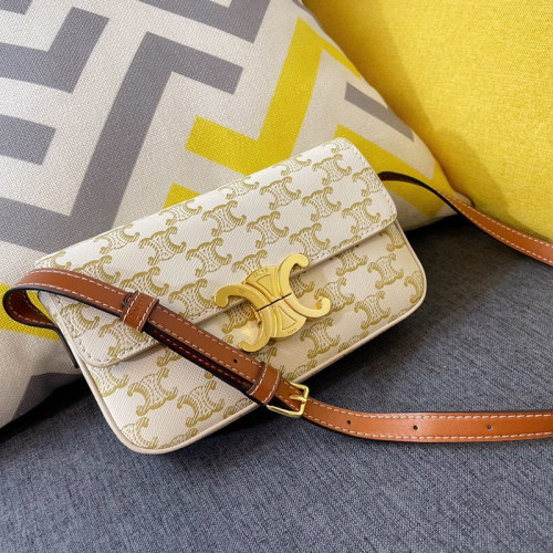 Celine Womens Bag TRIOMPHE SHOULDER BAG IN TRIOMPHE CANVAS AND CALFKSIN TAN 194142CUZ.04LU