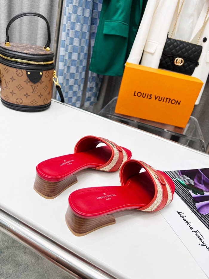 Louis Vuitton Womens Shoes Slide Slippers Luxury Brand Designer LOCK IT MULE 1AA17M Raffia and calf leather with Original Box 3.5cm Heel