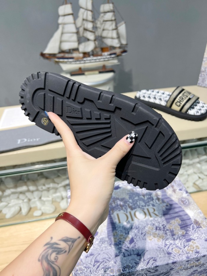 Dior Women Shoes Slippers DWAY SLIDE Luxury Brand DWAY SLIDE Cotton Embroidery with Micro Houndstooth with Original Box KCQ550PPE_S19O