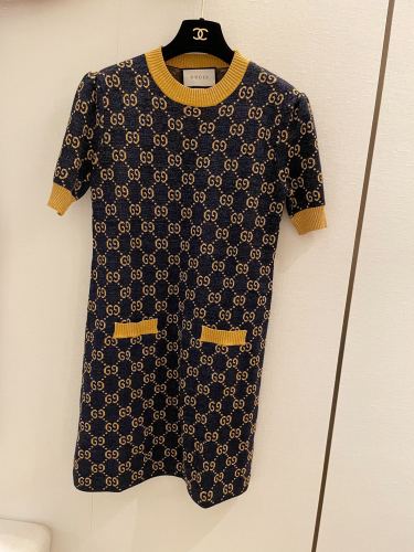 Gucci Womens Short Sleeve Dresses Luxury Brand GG lamé jacquard dress in blue and gold 692707 XKB54 4597