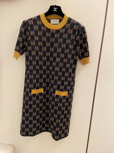 Gucci Womens Short Sleeve Dresses Luxury Brand GG lamé jacquard dress in blue and gold 692707 XKB54 4597