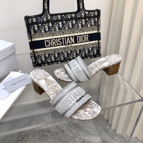 Dior Women Shoes DWAY HEELED SLIDE Embroidered Cotton Luxury Brand Womens Sandals Slippers with Original Box KCQ244ERC_S56B
