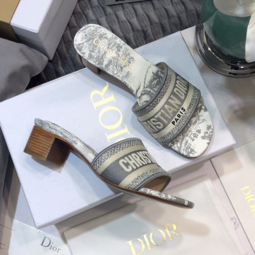 Dior Women Shoes DWAY HEELED SLIDE Embroidered Cotton Luxury Brand Womens Sandals Slippers with Original Box KCQ244ERC_S56B