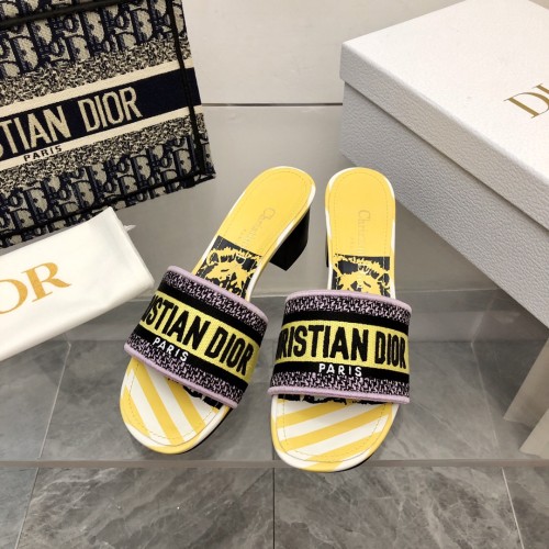 Dior Women Shoes DWAY HEELED SLIDE Embroidered Cotton Luxury Brand Womens Sandals Slippers with Original Box KCQ244ERC_S56B