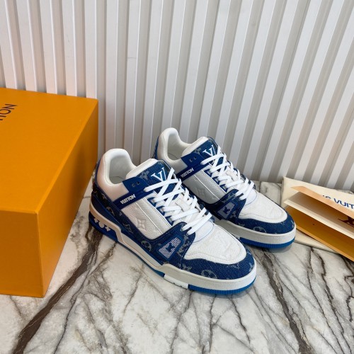 Louis Vuitton Men Shoes Fashion Sneakers Design Luxury Brand LV TRAINER SNEAKER Blue Monogram denim with Original Box 1A9JH5