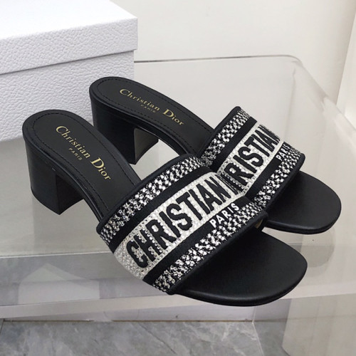 Dior Women Shoes DWAY HEELED SLIDE Embroidered Cotton Luxury Brand Womens Sandals Slippers with Original Box KCQ244ERC_S56B