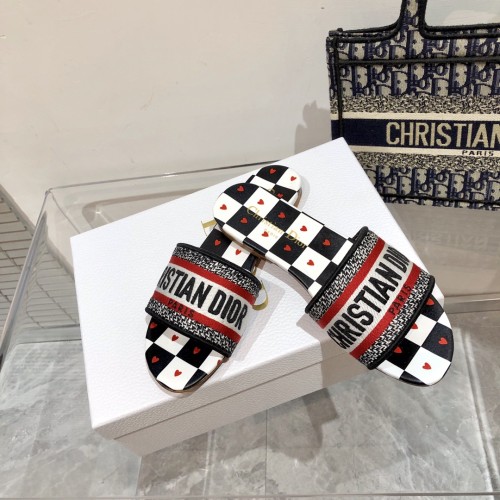 Dior Women Shoes DWAY HEELED SLIDE Embroidered Cotton Luxury Brand Womens Sandals Slippers with Original Box KCQ244ERC_S56B