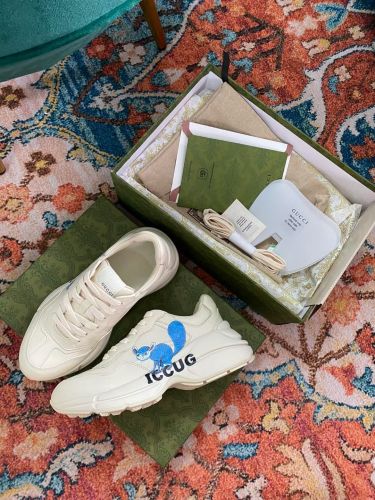 Gucci Women Shoes Women's Rhyton Gucci logo leather sneaker Luxury Brand with Original Box