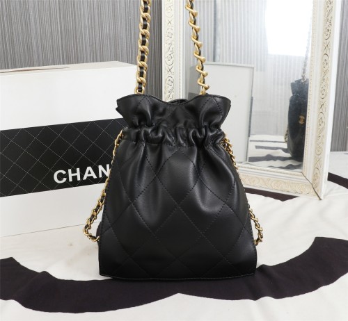 Chanel Womens Bags Drawstring Backpack shopping bag Shiny Lambskin & Gold-Tone Metal Black