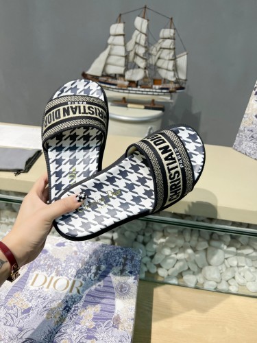 Dior Women Shoes Slippers DWAY SLIDE Luxury Brand DWAY SLIDE Cotton Embroidery with Micro Houndstooth with Original Box KCQ550PPE_S19O
