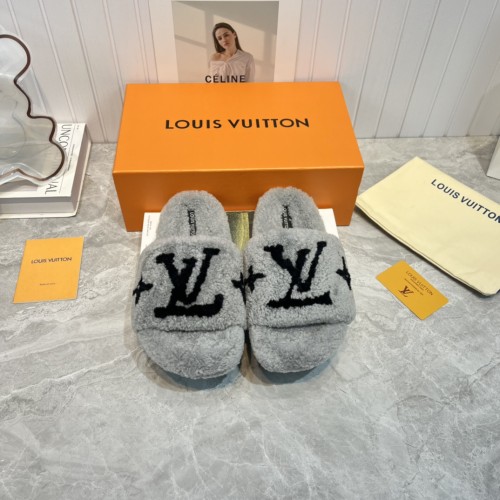 Louis Vuitton Womens Shoes Slide Slippers for Winter Wool Fabric Luxury Brand Designer PASEO FLAT COMFORT MULE with Original Box