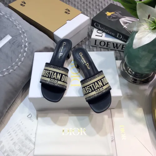 Dior Women Shoes DWAY HEELED SLIDE Deep Blue Embroidered Cotton Luxury Brand Womens Sandals Slippers with Original Box KCQ244ERC_S56B