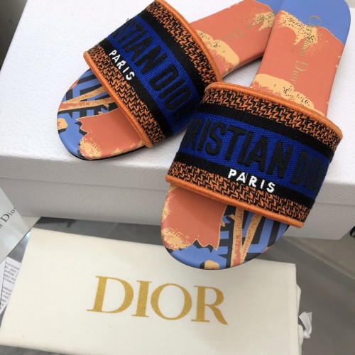 Dior Women Shoes DWAY HEELED SLIDE Embroidered Cotton Luxury Brand Womens Sandals Slippers with Original Box KCQ244ERC_S56B
