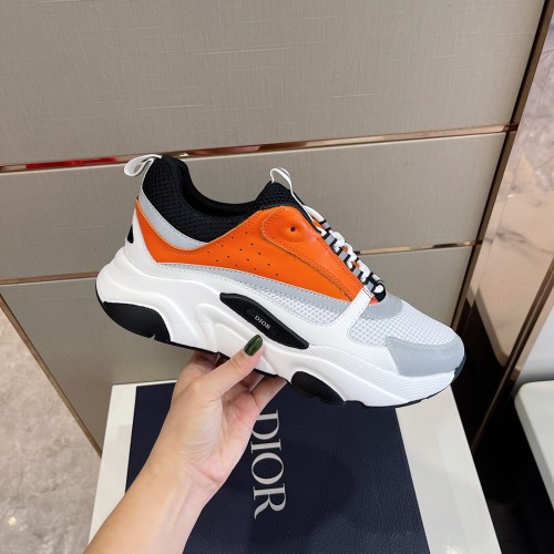 Dior Mens Shoes Sneakers Luxury Brand Breathable Design B22 SNEAKER Black and White Technical Mesh with Orange and White Smooth Calfskin