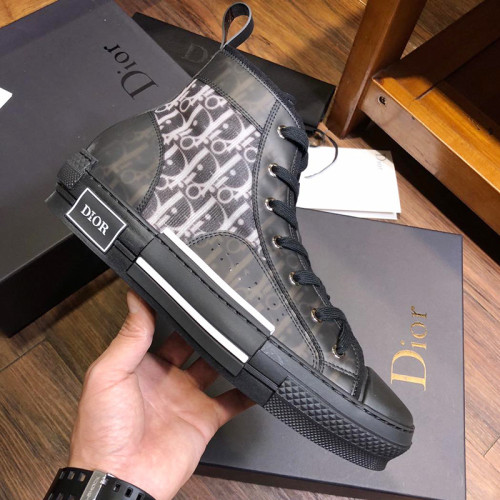 Dior Men Shoes Sneakers B23 High-Top Sneaker Black And White Dior Oblique Canvas With Black Calfskin