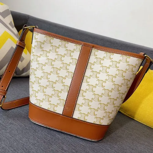 Celine Womens Bag SMALL BUCKET IN TRIOMPHE CANVAS AND CALFSKIN WHITE 191442CAS.01BC