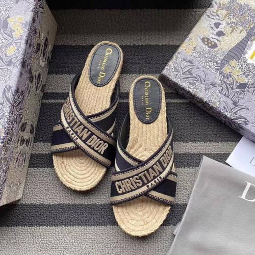 Dior Women Shoes Slippers DWAY Slides Luxury Brand Design Dior Espadrille Nude Mesh Embroidery Womens Shoes with Original Box