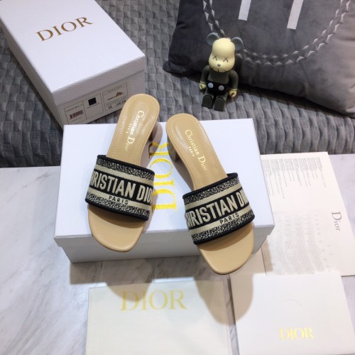 Dior Women Shoes DWAY HEELED SLIDE Embroidered Cotton Luxury Brand Womens Sandals Slippers with Original Box KCQ244ERC_S56B