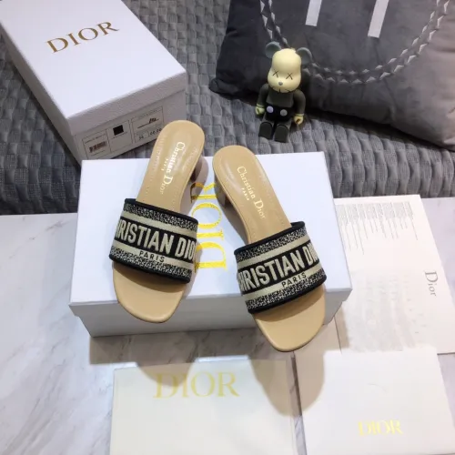 Dior Women Shoes DWAY HEELED SLIDE Embroidered Cotton Luxury Brand Womens Sandals Slippers with Original Box KCQ244ERC_S56B