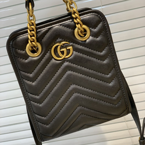 Gucci Womens Bags Shoulder Messenger Bag Luxury Brand Gucci GG Marmont matelassé mini bag in black leather with Original Box 696123 DTDHT 1000