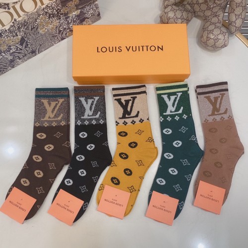 Louis Vuitton Socks 5 Pairs with Original Box Luxury Brand Breathable LV Sock
