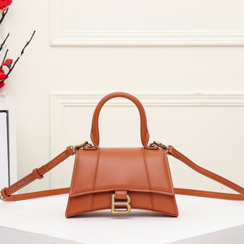 Balenciag Womens Bags Hourglass Small Top Handle Bag in Brown Shiny Box Calfskin