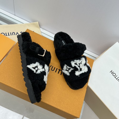 Louis Vuitton Womens Shoes Slide Slippers for Winter Wool Fabric Luxury Brand Designer PASEO FLAT COMFORT MULE with Original Box