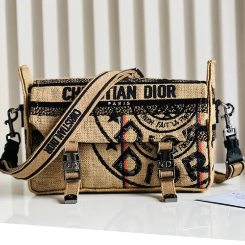 Dior Womens Mens Bags Shoulder Bags Luxury Fashion SMALL DIORCAMP BAG Beige Jute Canvas Embroidered with Dior Union Motif with Original Box M1241BRUW_M918