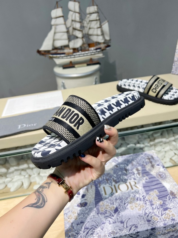 Dior Women Shoes Slippers DWAY SLIDE Luxury Brand DWAY SLIDE Cotton Embroidery with Micro Houndstooth with Original Box KCQ550PPE_S19O