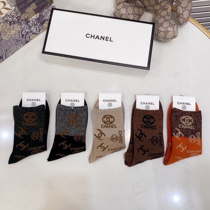 Chanel Socks 5 Pairs with Original Box Luxury Brand Breathable Chanel Sock