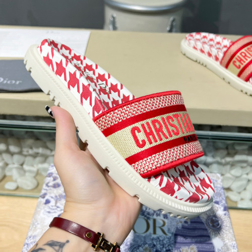 Dior Women Shoes Slippers DWAY SLIDE Luxury Brand DWAY SLIDE Cotton Embroidery with Micro Houndstooth with Original Box KCQ550PPE_S19O