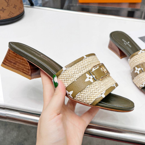 Louis Vuitton Womens Shoes Slide Slippers Luxury Brand Designer LOCK IT MULE 1AA17M Raffia and calf leather with Original Box 3.5cm Heel