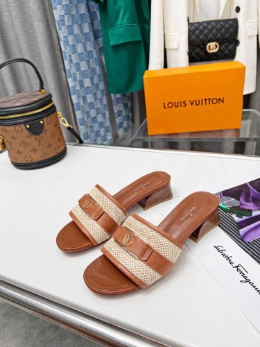 Louis Vuitton Womens Shoes Slide Slippers Luxury Brand Designer LOCK IT MULE 1AA18G Cognac Brown Raffia and calf leather with Original Box 3.5cm Heel