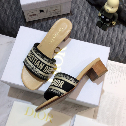 Dior Women Shoes DWAY HEELED SLIDE Embroidered Cotton Luxury Brand Womens Sandals Slippers with Original Box KCQ244ERC_S56B
