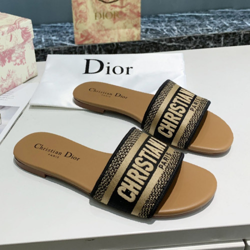 Dior Womens Shoes DWAY SLIDE Black and Beige Embroidered Cotton Luxury Brand Women Slippers Summer KCQ166ERC_S47X with Original Box