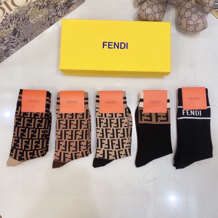Fendi Socks 5 Pairs with Original Box Luxury Brand Breathable Fendi Sock