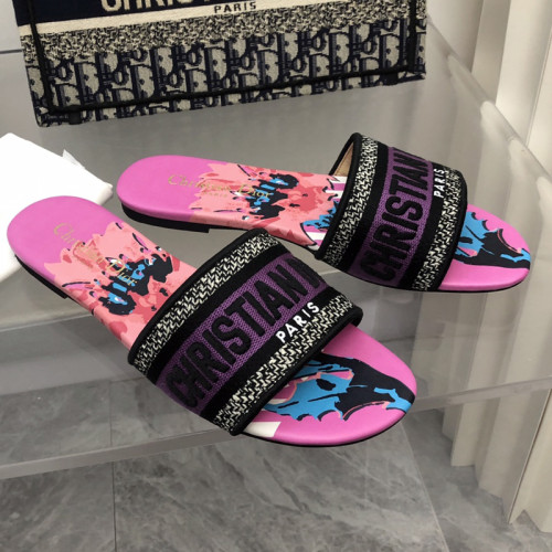 Dior Women Shoes DWAY HEELED SLIDE Embroidered Cotton Luxury Brand Womens Sandals Slippers with Original Box KCQ244ERC_S56B