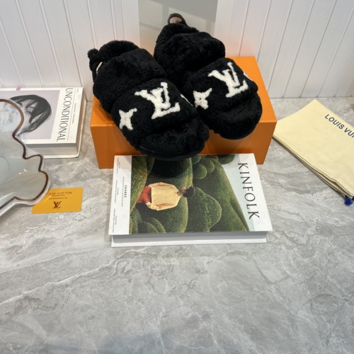 Louis Vuitton Womens Shoes Slide Slippers for Winter Wool Fabric Luxury Brand Designer PASEO FLAT COMFORT MULE with Original Box