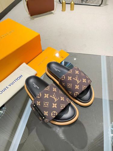 Louis Vuitton Womens Shoes Sandals Slippers Luxury Brand Louis Vuitton POOL PILLOW FLAT COMFORT MULE 1AAEBX Cacao Brown Monogram nylon Adjustable velcro strap