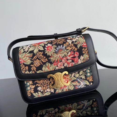 Celine Womens Bag MEDIUM TRIOMPHE BAG IN FLORAL JACQUARD AND CALFSKIN