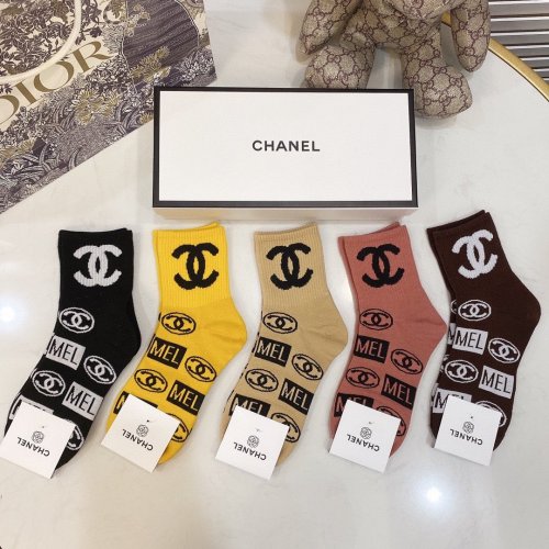 Chanel Socks 5 Pairs with Original Box Luxury Brand Breathable Chanel Sock