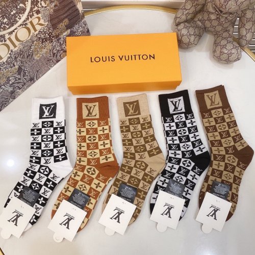 Louis Vuitton Socks 5 Pairs with Original Box Luxury Brand Breathable LV Sock