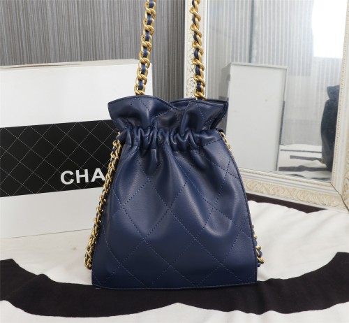 Chanel Womens Bags Drawstring Backpack Shopping Bag Shiny Lambskin & Gold-Tone Metal Navy Blue
